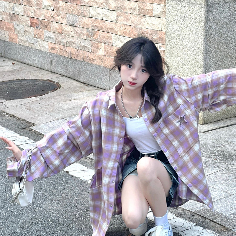 Purple Plaid Long-Sleeved Thin Shirt Jacket for Women in Spring and Autum Pure Cotton Cardigan with Linen Cotton and Linen Shirt Top