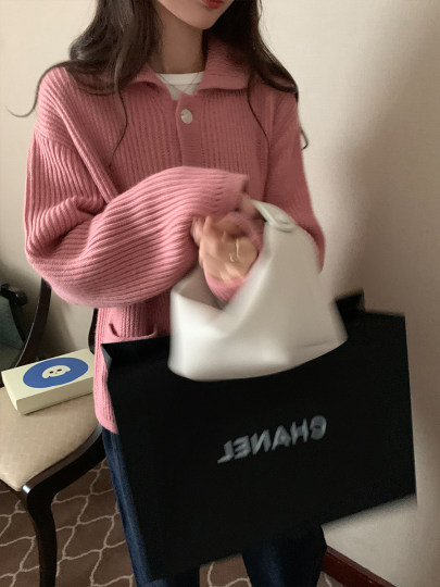 Klein Blue Polo Collar Long-Sleeved Sweater Jacket for Women, Autum French Retro Loose Knitted Knitwear Outer Top for Winter