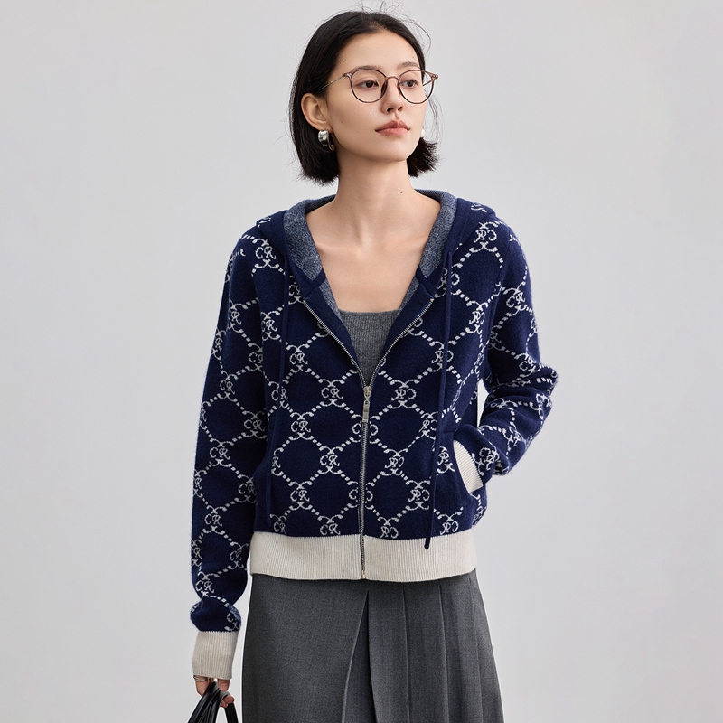 High-End Luxury Series 2025 Autumn and Winter New Pure Cashmere Hooded Sweater for Women with Double Zipper Jacquard Knit Cardigan High-End Luxury Series 2025 Autumn and Winter New Pure Cashmere Hooded Sweater for Women with Double Zipper Jacquard Knit Cardigan