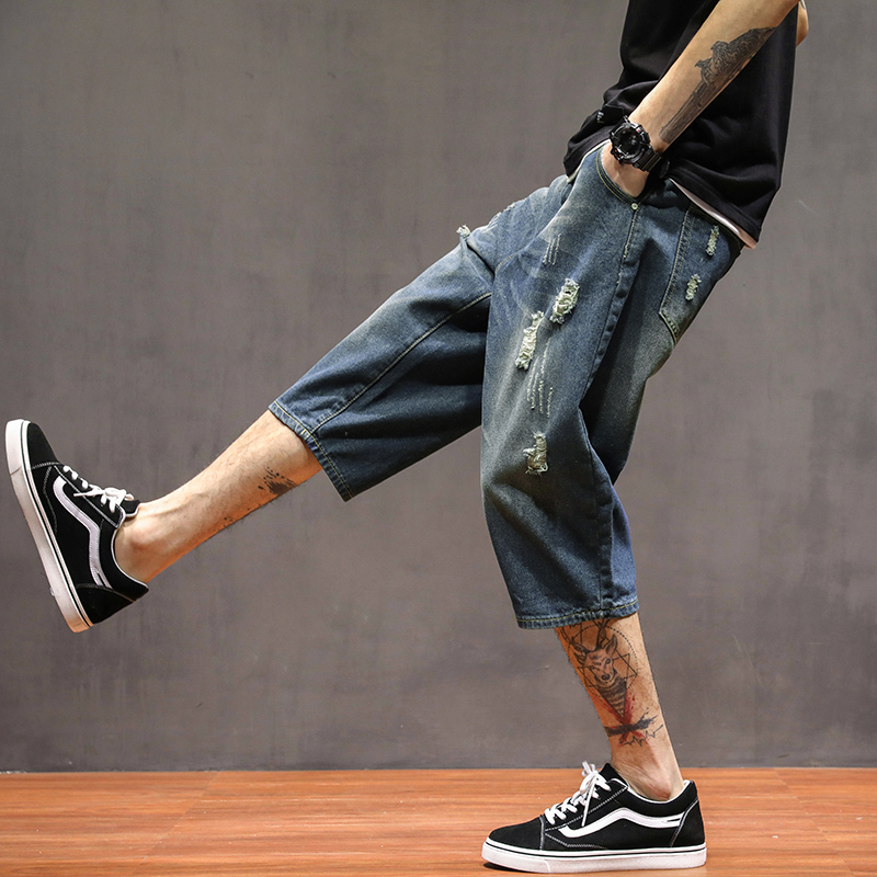Summer Thin Cropped Pants for Men, 7/8 Length Ripped Denim Shorts, Loose Fit Harem Pants, Plus Size Men's Distressed Pants, Trendy