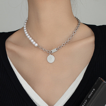 Light luxury design sense Pearl stitching necklace ins hip hop titanium steel choker 2021 New Tide wild fashion