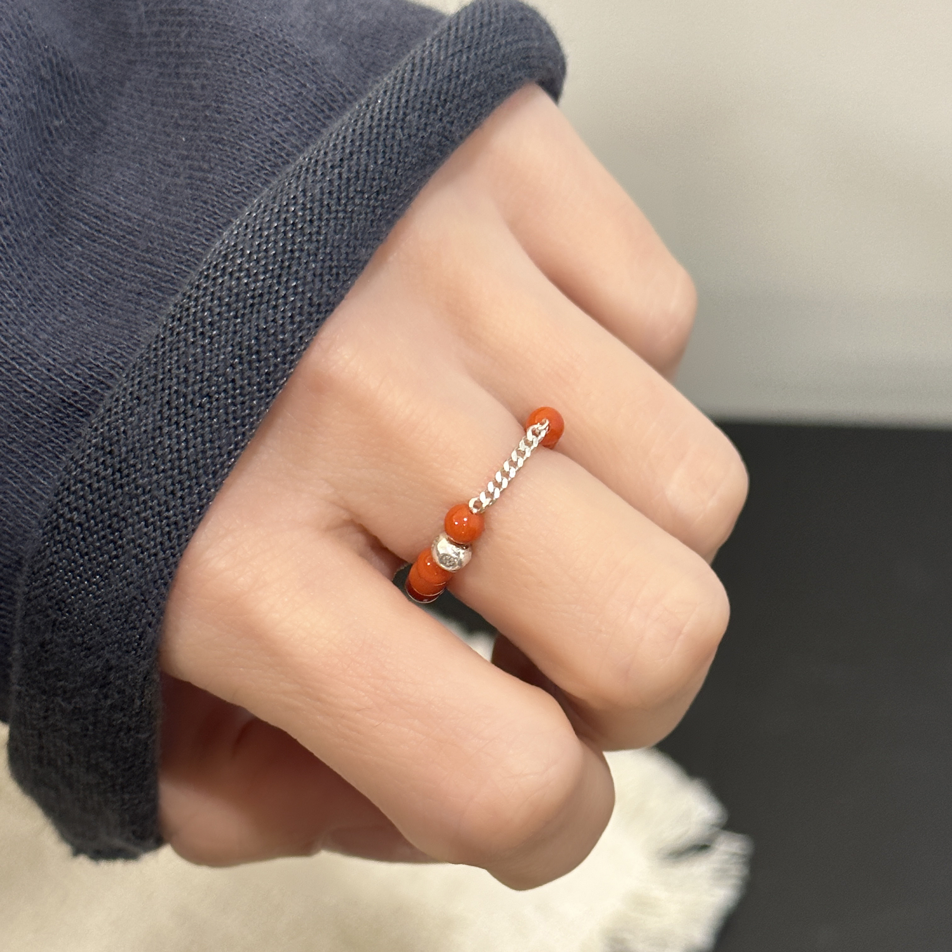 MISSJOJO red bead Cuban chain silver ring