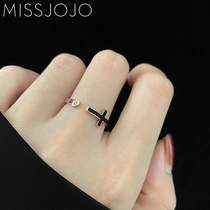 Japanese and Korean version of simple personality cross black diamond-set opening titanium steel plated 18K rose gold ring female tail ring