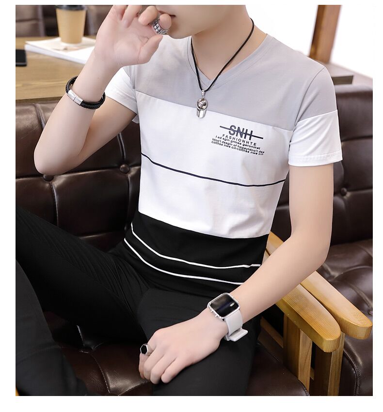 Áo thun nam ngắn tay mùa hè 2018 cổ điển Hàn Quốc Slim V cổ áo 桖 Áo cotton Xu hướng nửa tay áo sơ mi nam mặc áo polo nam hàng hiệu
