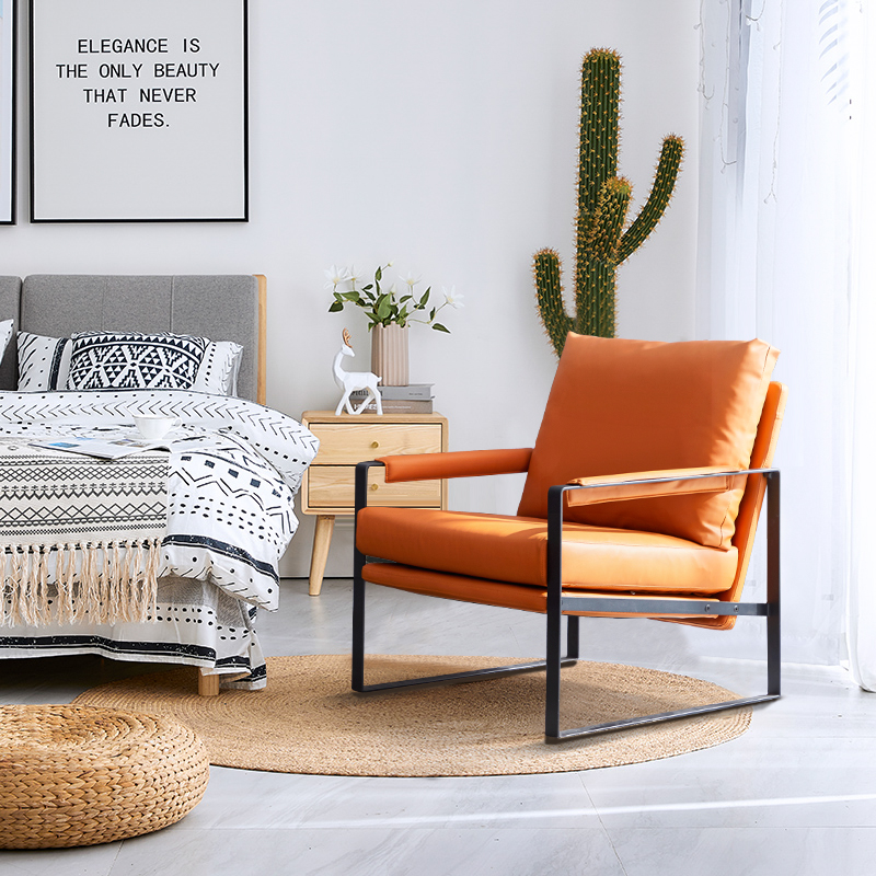 Nordic Single Sofa Genuine Leather Light Lavish Chair Modern Minimalist Single Chair Living Room Designer Orange Balcony Casual Chair