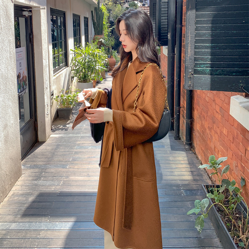 MAX same high-end water ripple double-sided cashmere coat women's mid-length loose bathrobe coat double-sided woolen coat