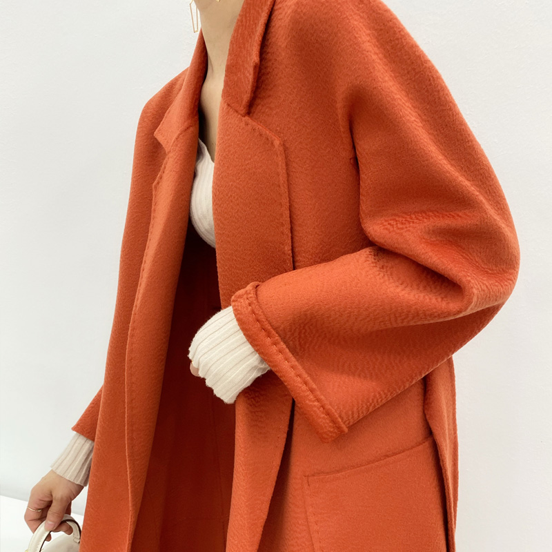 Ultra-explicit white orange color bifacial cashmere coat with long version loose wool water corrugated woolen coat in the middle of autumn