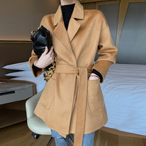 High end water corrugated double-sided cashmere big coat woman autumn and winter medium long style small sub loose with lazy wind and double face