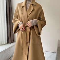 High-end handmade water corrugated cashmere coat womens autumn and winter long loose temperament over the knee bathrobe double-sided jacket