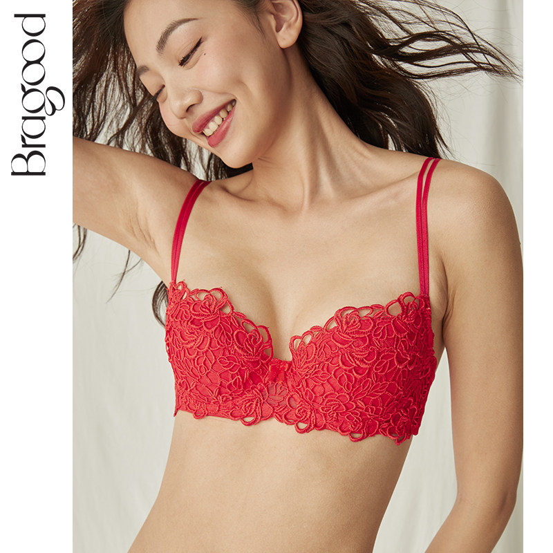BRAGOOD Water Soluble Lace Thin Cotton Black Year Big Red Girl Bra Set Clog Underwear