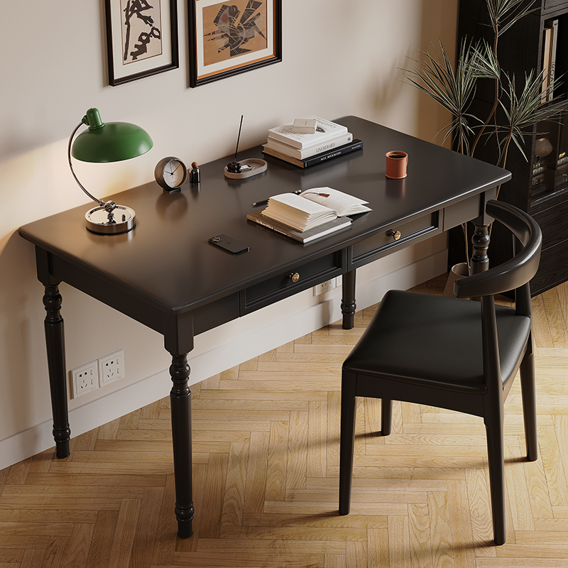 Black Desk American French Style Retro Table Small Apartment Solid Wood Writing Desk Middle School Student Home Bedroom Computer Desk
