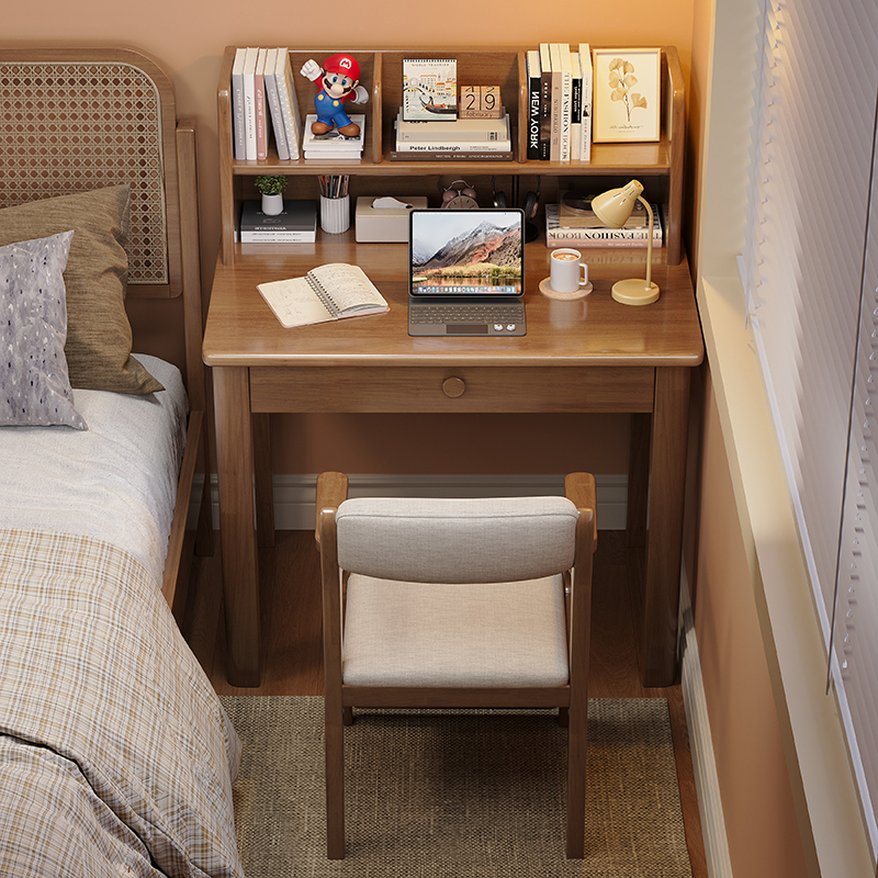 Small Apartment Solid Wood Desk and Bookshelf Combo 70/90cm Student Home Writing Desk Bedroom Bedside Computer Desk