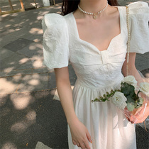 2022 Summer new Women Herbbon Wind square collar Long dress French style first love sweet and froth sleevy sleevy dress