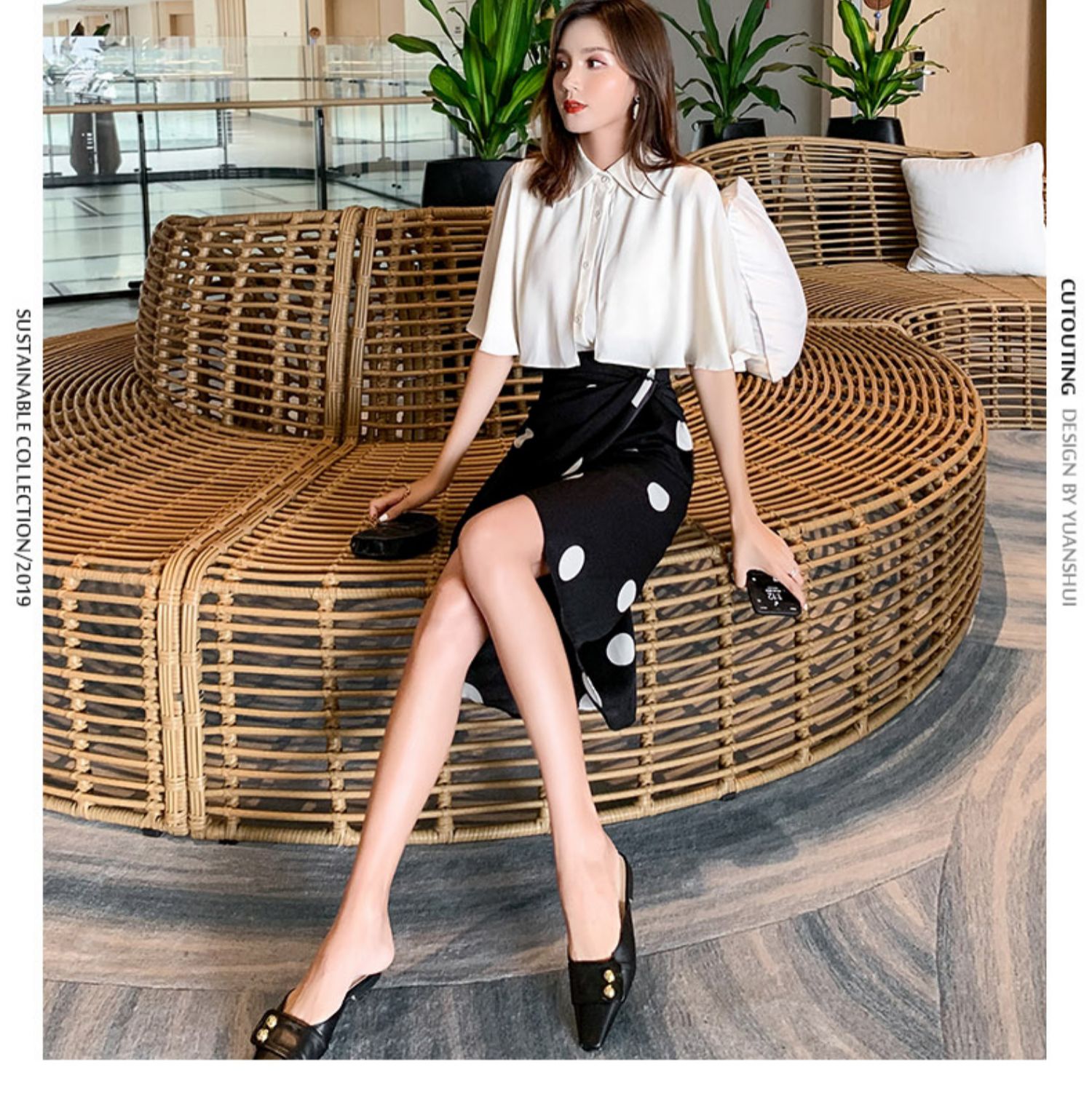 Nước thô 2019 hè mới eo cao đã mỏng đen điểm sóng voan váy không đều túi hông váy hè nữ - Váy các mẫu chân váy đẹp