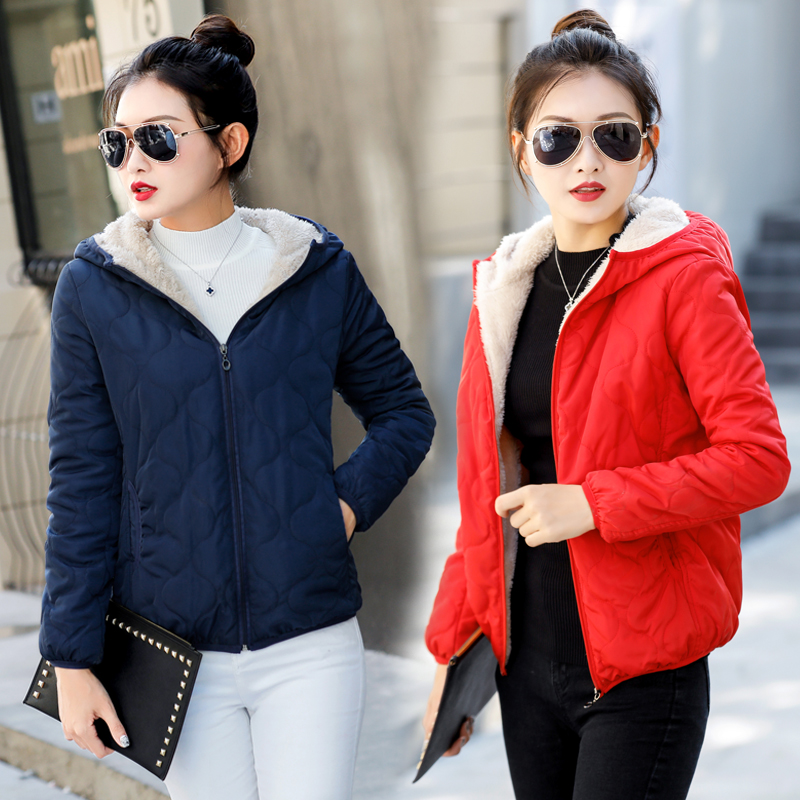 Lamb wool cotton coat women's short style 2022 new autumn and winter cotton-padded jacket bread clothing plus velvet thickened women's cotton-padded jacket