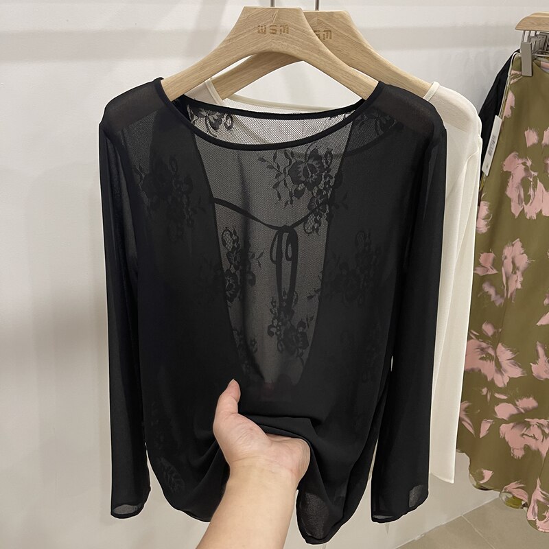 Elegant Backless Lace Patchwork Tie-Up Long-Sleeve Chiffon Blouse for Women, 2026 Summer New Lightweight Sun-Protective Top Trendy