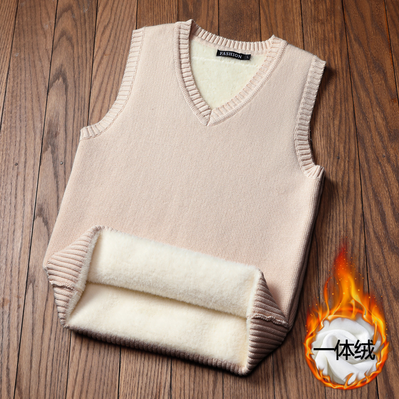 Integrated suede sleeveless knitted sweatshirt male wool vest V neckline waistcoat with velvety youth sweater waistcoat Machiocato shoulder-Taobao