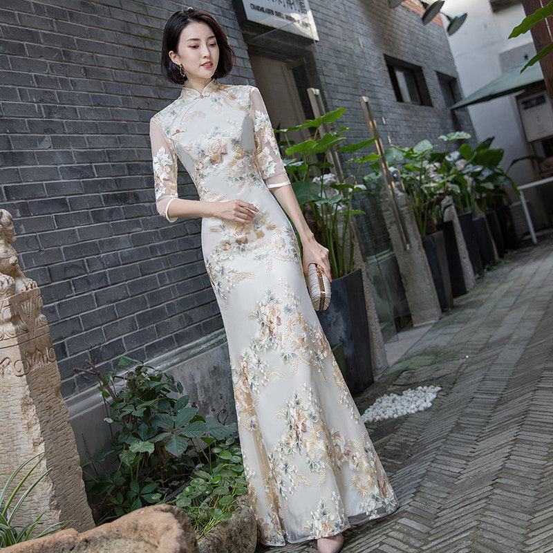 Улучшенное вечернее платье cheongsam 2026, новое банкетное благородное женское вечернее платье высокого класса с длинным рыбьим хвостом, элегантные костюмы для подиума