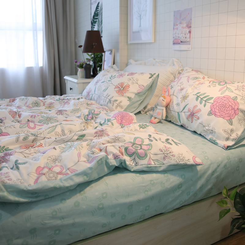 Bed three-piece set of small fresh pure cotton four-piece autumn garden hand-painted small floral cotton bed sheet quilt cover bed cover