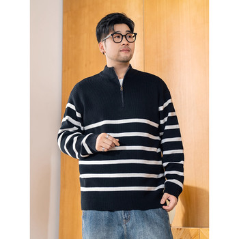 American heavyweight black and white striped sweater for men in winter loose trendy high-end simple half-zip pullover sweater American heavyweight black and white striped sweater for men in winter loose trendy high-end simple half-zip pullover sweater