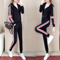 Leisure Sports Set Women Spring and Autumn 2021 New Korean Loose Slim Black Hooded Running Clothes Two Piece