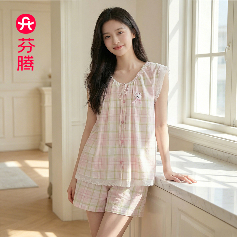 Fenteng Ultra-Soft Pure Cotton Pajamas for Women, Summer Sleeveless Vest and Shorts Cool Set, Loose Fit, Suitable for Wearing Outside as Loungewear
