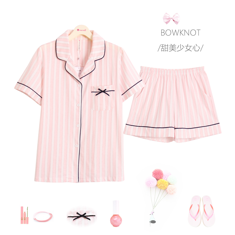 Finten Sleepwear Women's Summer Pure Cotton Sweet And Cute Home Wear Full Cotton Short Sleeve Shorts Two-piece Suit Can Be Worn Out