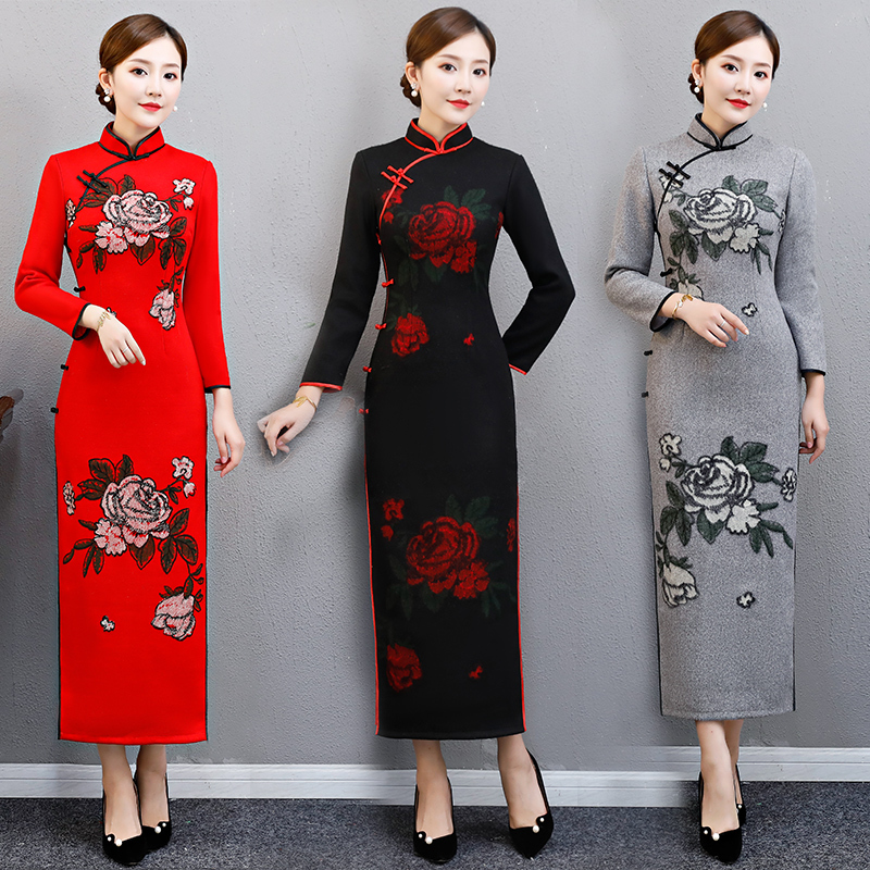 Chinese Dress Qipao for women Woolen cheongsam long sleeve slim and retro new women Chinese style elegant dress