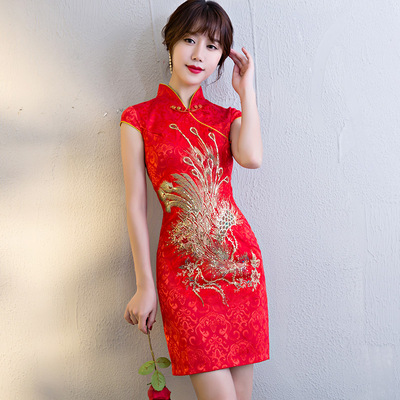 Chinese Dress Qipao for women Red Bride Wedding Toast cheongsam short fashion Phoenix embroidery improved stand neck dress