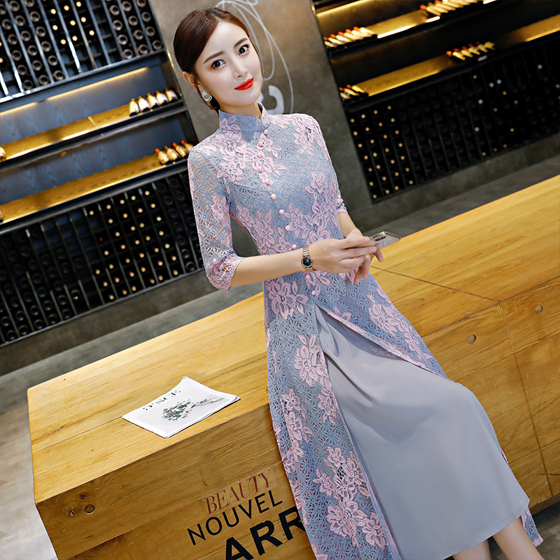 Vietnamese Ao Dai Dress Floral Embroidered Cheongsam Maxi Dresses Chinese  Qipao