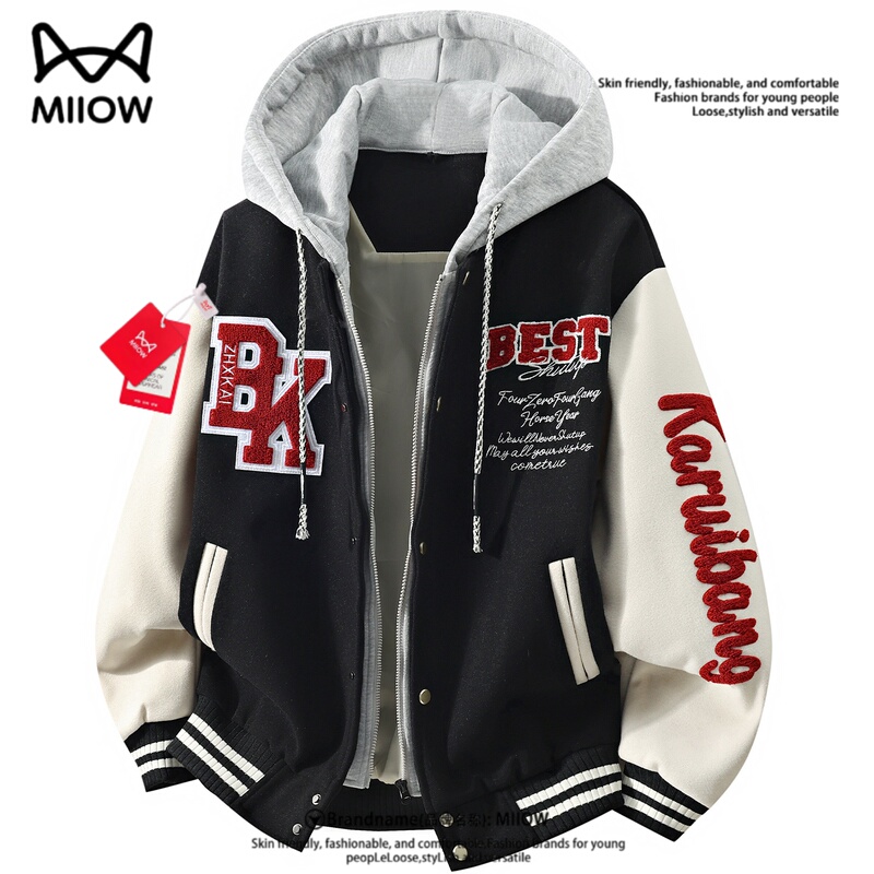 Wearable 142.5kg / Catman Spring and Autumn Woolen Jacket, Fake Two-Piece American Retro Embroidery Patchwork Oversized Hooded Coat