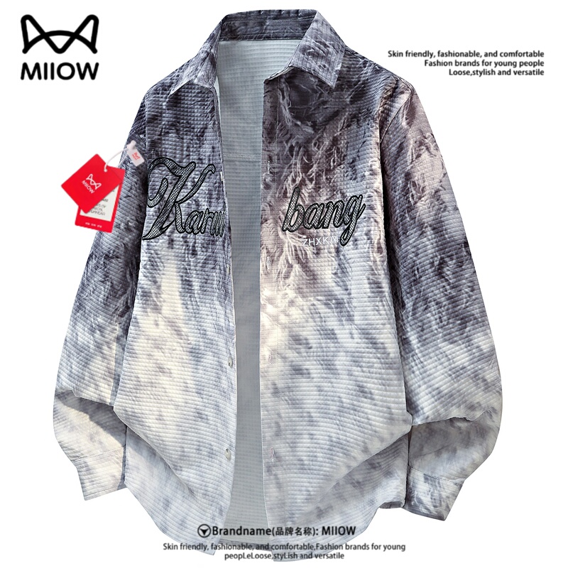 Wearable 142.5kg / Catman Tie-Dye Embroidered Ink Gradient Trendy Spring and Autumn Long-Sleeved Shirt Loose Lapel Large Size Shirt