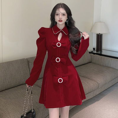 taobao agent Dress, fitted brace, skirt, plus size, french style, puff sleeves