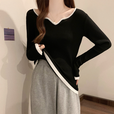 taobao agent Knitted autumn sweater, T-shirt, long-sleeve, bottom shirt, top, plus size, 2022 collection, long sleeve, square neckline, fitted