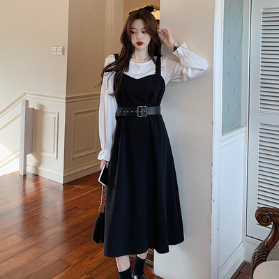 taobao agent Dress, shirt, brace, skirt, plus size, fitted, autumn, puff sleeves