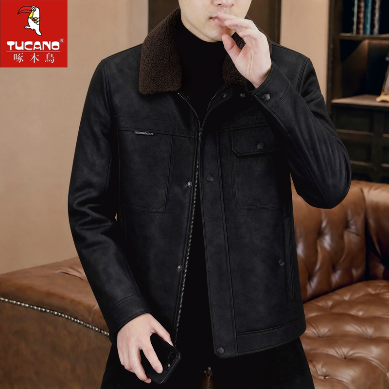 Woodpecker Autumn and Winter Detachable Fur Collar Leather Jacket for Men, Fleece-Lined, Warm, Business Casual Fur Collar Leather Jacket Coat Woodpecker Autumn and Winter Detachable Fur Collar Leather Jacket for Men, Fleece-Lined, Warm, Business Casual Fur Collar Leather Jacket Coat