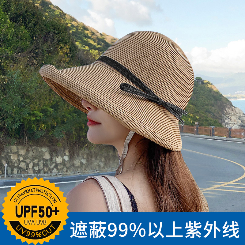 Straw Hat Woman Little Roll Eave Retro Beach Sun Beach Sun Version Tide Day Style 100 Hitch Sun Hmoto Wind Fold Woven Hat