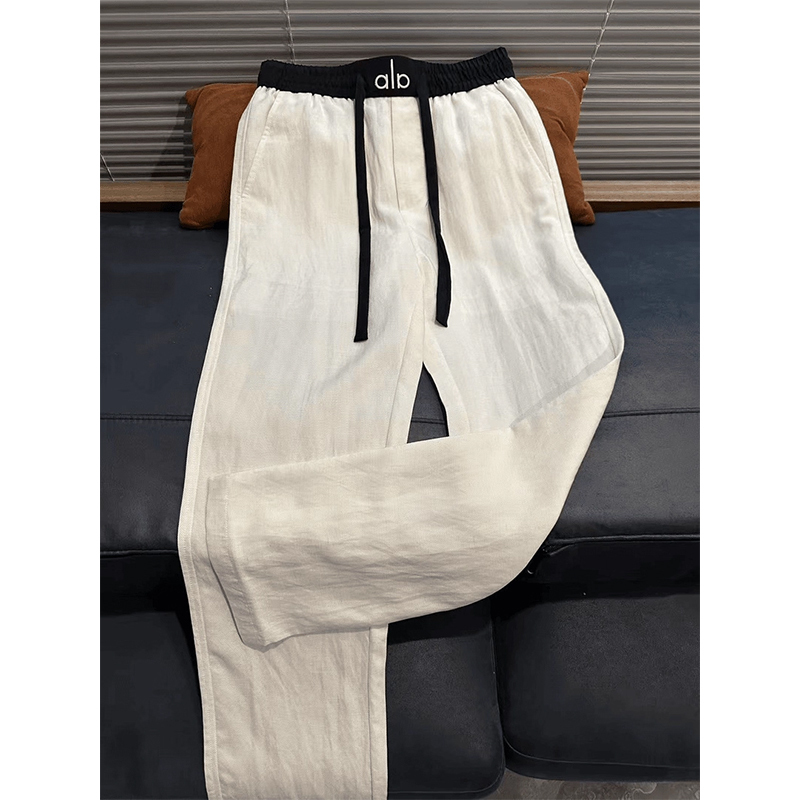 Bai Zun Old Money Style Waistband Spliced Linen Pants for Men, Ice Silk Quick-Drying Drawstring Pants, American-Style Loose Sports Straight-Leg Pants