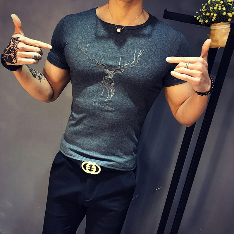 Short-Sleeved T-Shirt for Men, New Tough Guy Style, Slim Fit, Sports Round Neck Base Shirt, Korean Style, Tight-Fitting Solid Color Clothing, Fitness Top