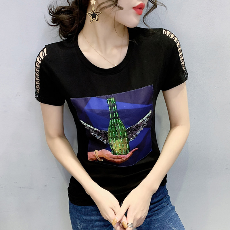 Tide Card 2022 Summer New Fashion Nail Beads T-Shirt Woman Short Sleeve Foreign Pie Slim Fit Slim Fit 100 Lap Clothes