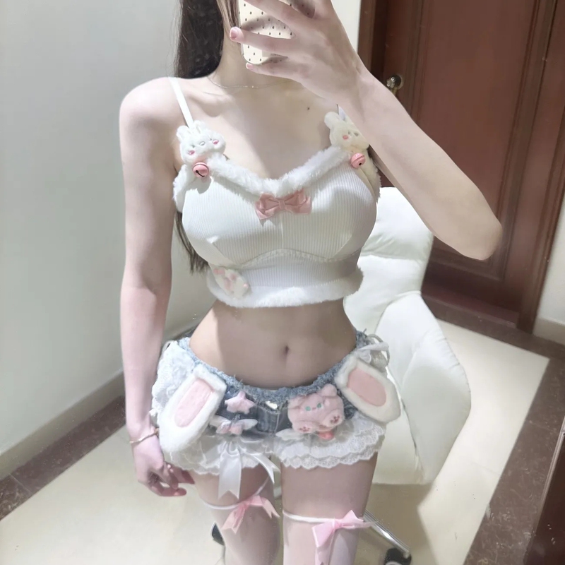 【Blunt Sensibility Cat】2025 New Original Handmade Cute and Sexy Bunny Camisole Top with Bar Jeans