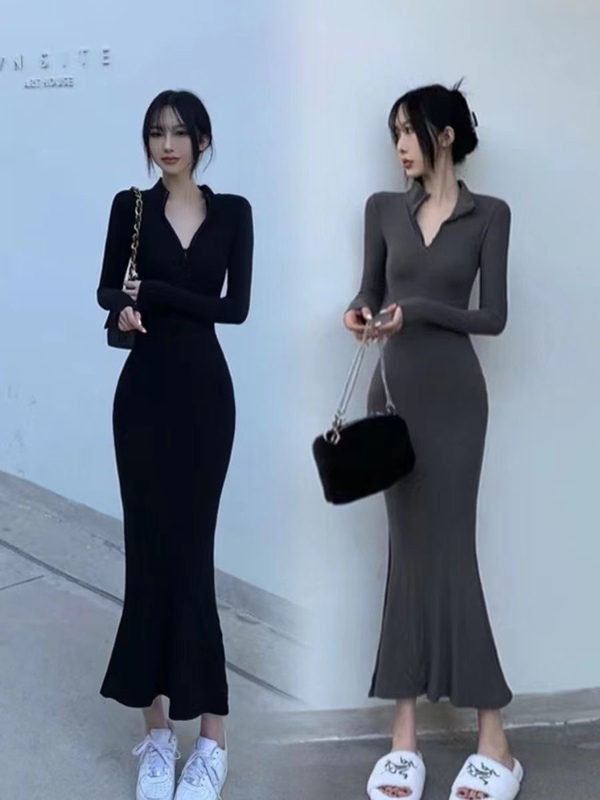 French Retro Style Bodycon Fishtail Polo Collar Little Black Dress, Autumn Hepburn Style Elegant Long-Sleeve Stepmother Dress