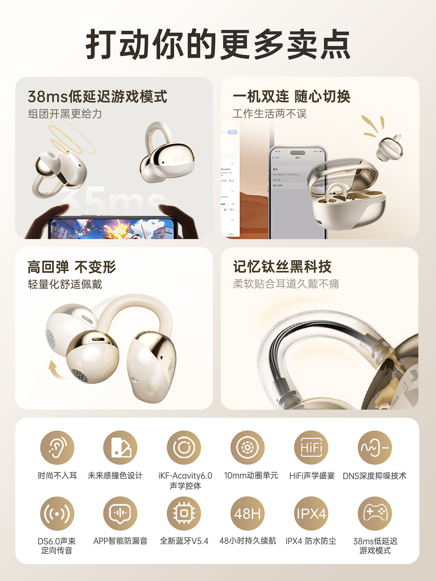 Ikf C01 Bluetooth Earphones, Open-Ear Wireless, Non-In-Ear, Air Conduction, No Sound Leakage, New Model for Sports and Running