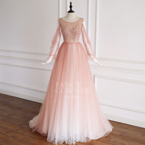 Phantom - Peach pink hanging shoulder lantern long sleeve tank top womens long banquet crystal star gauze skirt dress