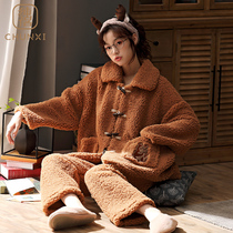 Pajamas womens winter coral fleece home wear ladies set spring and autumn can be worn outside the cute Korean version of flannel plus thick fleece