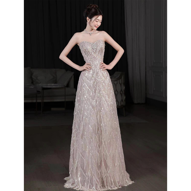 Hostess Evening Gown for Women, High-End, Elegant, Heavy-Duty, with Sparkling Diamonds, Suitable for Birthday Parties, Engagement Celebrations, and Toasting, with a Sense of Sophistication for the Bride