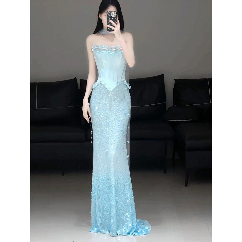 Ice Blue Fishtail Evening Dress for Women, Heavy-Duty Banquet Host Strapless Gorgeous Sparkling Engagement Toast Dress for Bride