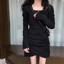 2022 Fall new French style retro little black dress children temperamental light cooked windy little sub-square collar dress