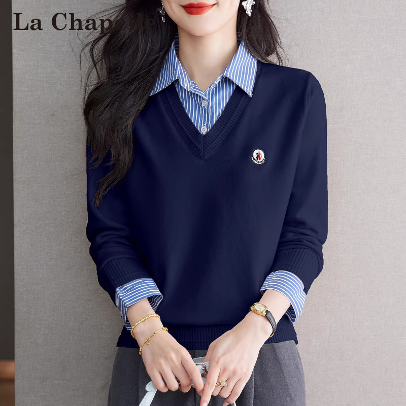 La Chapelle Fake Two-Piece Color-Blocked Polo Collar Knitted Base Shirt for Women, Spring and Autumn Plus-Size Women's Top, Autumn and Winter Sweater
