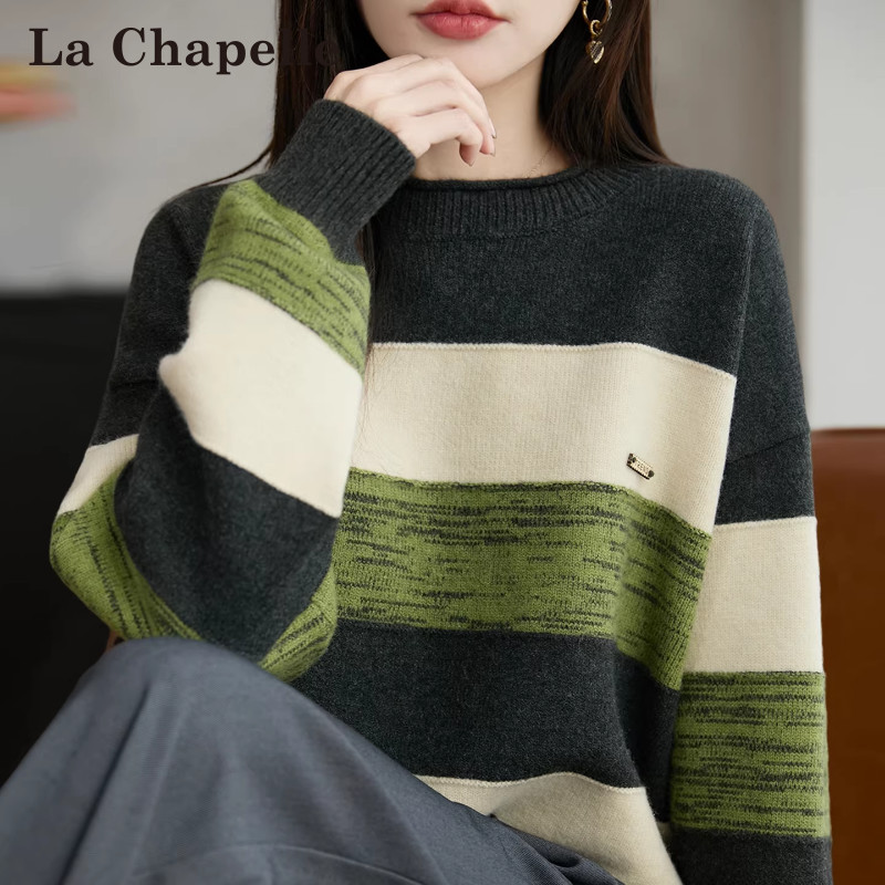 La Chapelle Fashion Loose Striped Versatile Knitted Base Shirt for Women, Spring and Autumn Plus Size Women's Top, Autumn and Winter Sweater